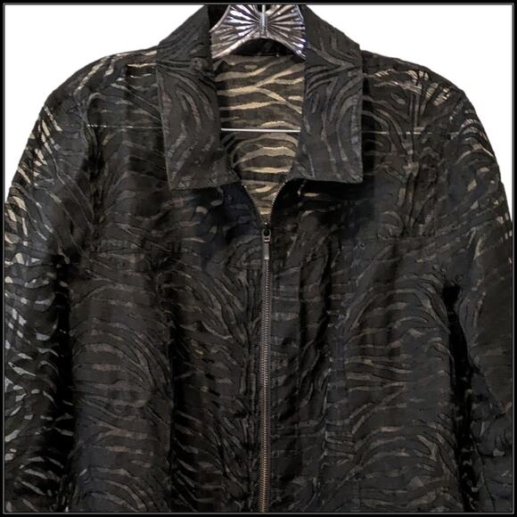 Clara S Black Sheer Mesh Textured Zip Up Shirt Jacket Zebra AOP Women's XL - Picture 7 of 9